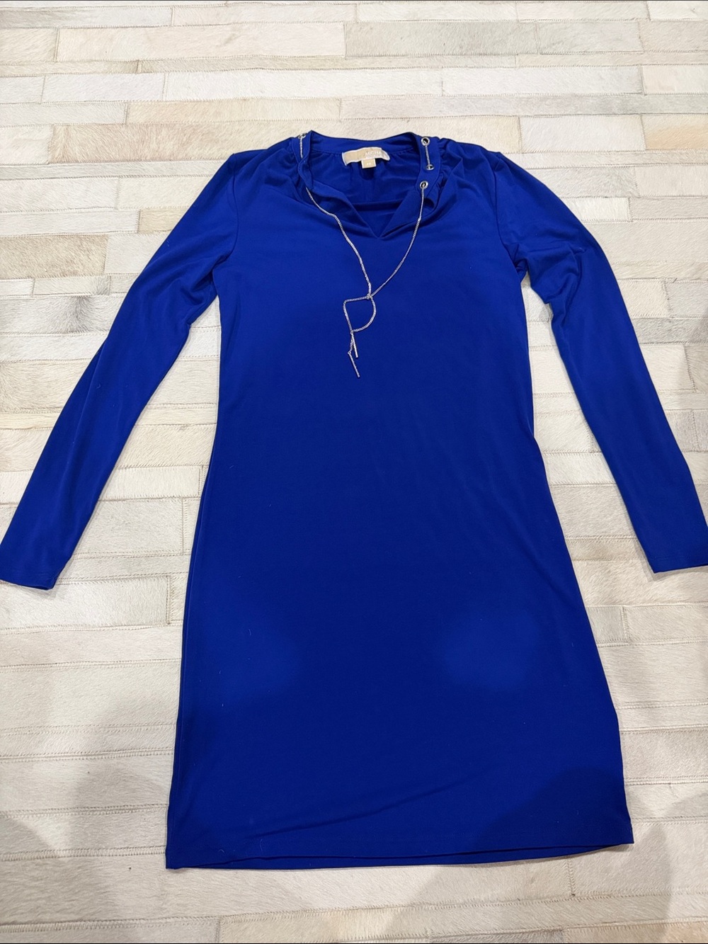 Michael Kors Long Sleeve Royal Blue Dress with Drawstring Neck
